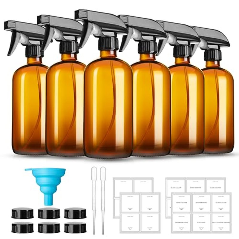 16oz Amber Glass Spray Bottles,6 Pack Glass Spray Bottles Refillable Empty Bottle with Adjustable Nozzle,Spray Bottle for Essential Oils,Cleaning,Pets,Hair Mister