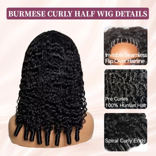 Natural Black Burmese Curly Half Wig 16 Inch 180% Density Human Hair