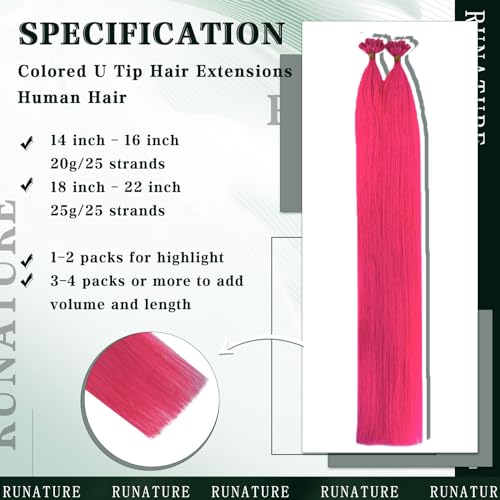 RUNATURE U Tip Hair Extensions Hot Pink 16 Inch 20g 25 Strands - Vibrant Human Hair