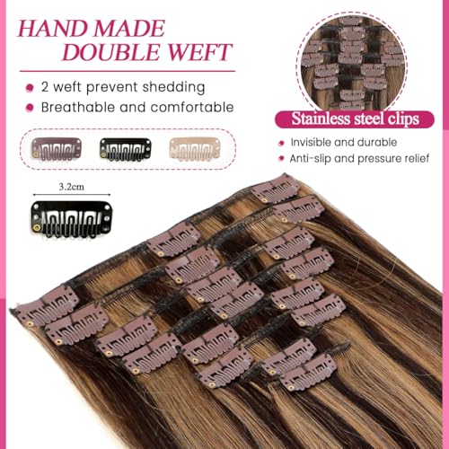 Clip-In Hair Extensions 14 Inch Real Human Hair Balayage Dark Brown Chestnut 80g