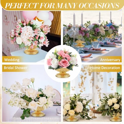 Bright Gold Metal Compote Vase Set - 10 Floral Centerpiece Bowls with Liners & Floral Tape