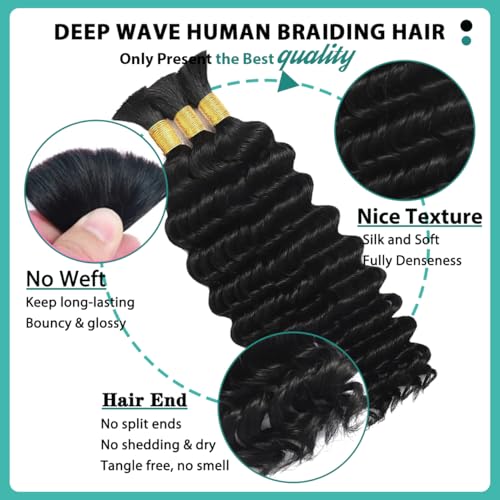 16 Inch Deep Wave Human Hair Braiding Bundles - No Weft Boho Curly Hair - Natural Black #1B