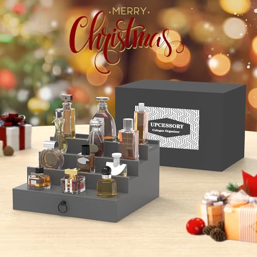 Cologne Organizer for Men, 4 Tier Black Wood Perfume Organizer with Felt Lining Drawer and Hidden Compartment, Perfume Display Holder, A Gift for Men