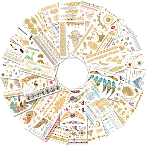 Aresvns Gold Silver Metallic Temporary Tattoos for Women & Girls - 32 Sheets, Waterproof & Removable Body Art