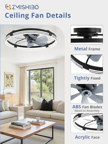ZMISHIBO 24-Inch Black Low Profile Ceiling Fan with Lights & Remote
