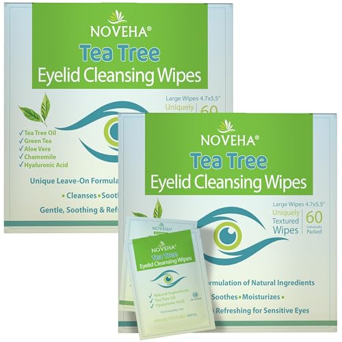 120Pcs Tea Tree Oil Eyelid & Lash Wipes with Hyaluronic Acid, Green Tea & Chamomile – 2 Pack, Individually Wrapped