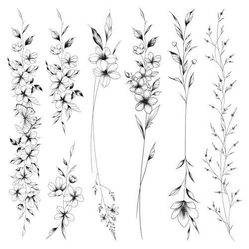Leesgel Temporary Tattoos Women, 12 Sheets Long Flowers Vine Leaves Plant Tattoo for Women Adults, Black Semi Permanent Personality Waist Arm Foot Stick on Tattoos Stickers