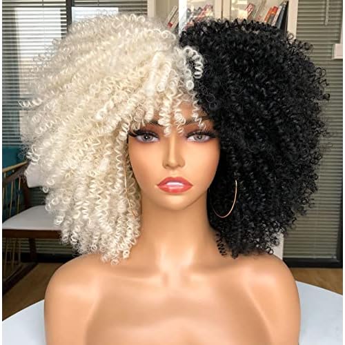 Curly Wig with Bangs for Black Women Short Kinky Curly Wig 14inch Afro Hair Halloween Party Christmas Cosplay Wigs (F1B/60)