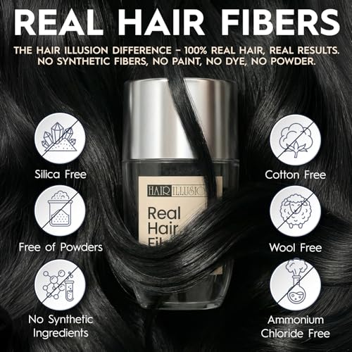Hair Illusion Black Hair Fibers for Thinning Hair - 18g Natural Real Hair, Non-Synthetic, Cover Bald Spots - Pack of 1