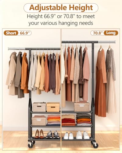 Heavy Duty Rolling Clothes Rack with 3 Shelves - Black - Expandable & Adjustable
