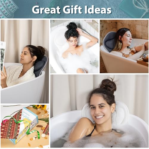 Bath Pillows for Tub Neck and Back Support - Upgraded Non-Slip Rubber Backing & 6 Suction Cups, 4D Air Mesh Spa Bathtub Cushion for Head Rest, Machine Washable with Laundry Bag & Hook(White)