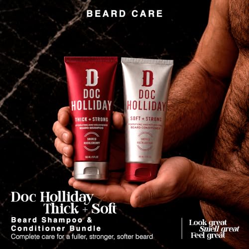 DOC HOLLIDAY Thick + Soft Beard Shampoo & Conditioner Set with Smoked Huckleberry Scent, 12 oz