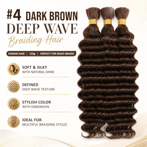Human Braiding Hair Bundles for Boho Knotless & Goddess Styles - 22 Inch Dark Brown #4-BRD-D