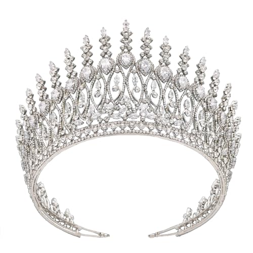 QXMYOO Silver Tall Wedding Tiara for Bride Large Queen Crown with Cubic Zirconia - Bridal Hair Accessories