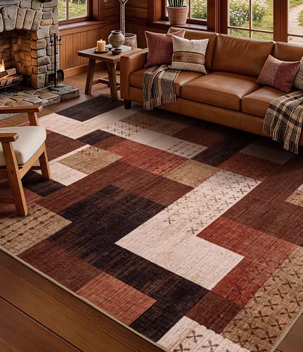 YIHOUSE Brown Multi Geometric Patchwork Area Rug 6x9 ft for Living Room & Bedroom