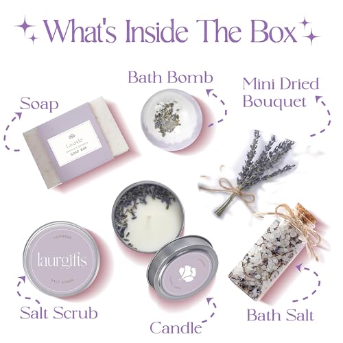 Lavender Spa Gift Basket for Women – Self Care Set with Candle, Bath Bomb & More