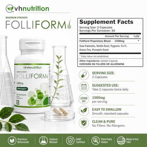VH Nutrition FOLLIFORM DHT Blocker for Men & Women - 1500mg, Pack of 2, 60 Capsules Each