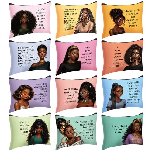 Silkfly 24 Pcs African American Makeup Bag Black Girl Women Cosmetic Bag Magic Afro Queen Inspirational Christmas Stocking Stuffers Gift Canvas Toiletry Zipper Travel Organizer Purse Accessories