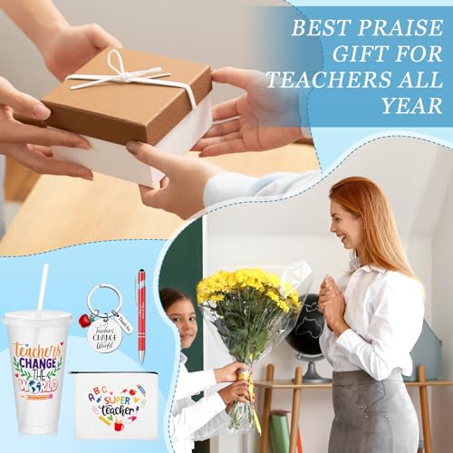 Pickmesh Teacher Appreciation Gift Bulk 48 Pcs / 12 Sets Makeup Bag Keychain 24oz Plastic Cup with Lid Ballpoint Pen Thank You Teacher Supplies(Inspirational Straw Cup,Clear)