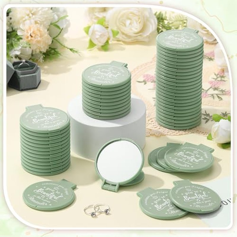 100 Pcs 2.76 Inch Inspirational Compact Mirror Bulk Women Small Gifts Graduation Party Favors Purse Mirror Pocket Mini Stuffer Items for Adult Coworker Cheerleader Employee (Sage Green)