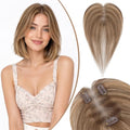 Rich Choices Human Hair Topper with Side Bangs, 11 Inch, Medium Brown Highlight Dark Blonde, Remy Toppers for Women