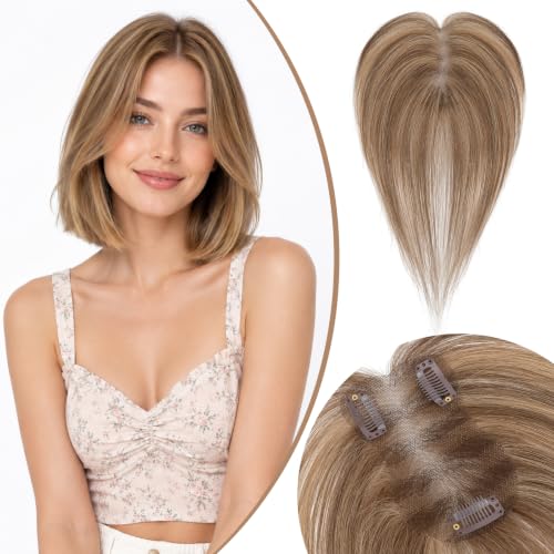 Rich Choices Human Hair Topper with Side Bangs, 11 Inch, Medium Brown Highlight Dark Blonde, Remy Toppers for Women