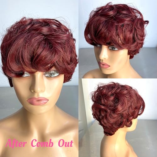 99J Short Pixie Human Hair Wig for Black Women - None Lace Front Glueless Pre-Plucked with Bangs