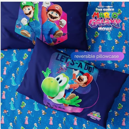 Super Mario Galaxy Movie Bedding Set - Twin Reversible Comforter & Sheet Set, Kids Officially Licensed