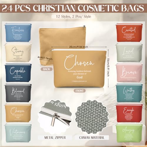Geelin 24 Sets Christian Gifts Bulk Religious Canvas Makeup Bags with Bible Verse and Compact Mirrors Inspirational Gift for Women Teacher Staff Coworker Church Ladies Easter Holiday Gifts (Classic)