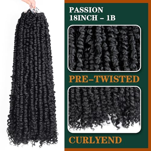 Passion Twist Crochet Hair 18inch 6packs Pre-Twisted Synthetic Long Curly 12 Roots Braiding Hair Extensions For Women (18 inch, 1B)