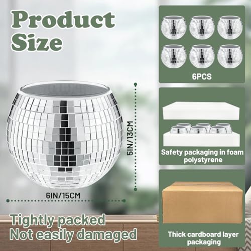 Silver Disco Vase Set - 6 Glass Planters with Reflective Mirror Ball Design 5x6in