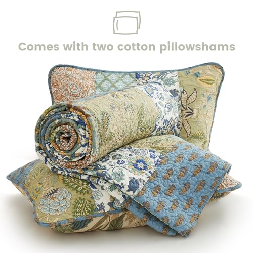 King Size Cotton Comforter Set - Sage Patchwork Reversible Bedding with 2 Pillow Shams, 96x108 Inches
