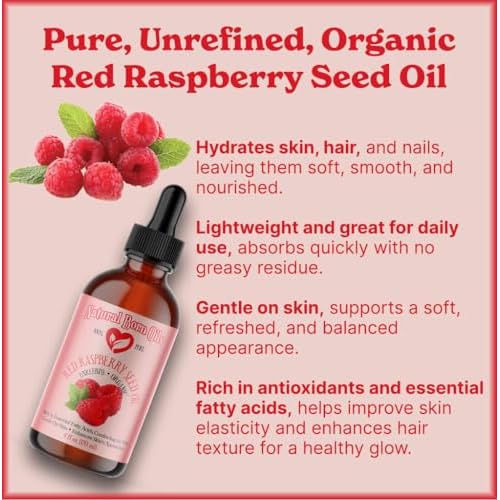 Natural Born Oils Red Raspberry Seed Oil, 4oz, Organic, Cold-Pressed Carrier Oil, Rich in Antioxidants, Ideal for Skin Hydration & Hair Nourishment