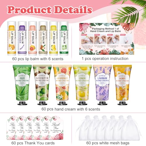 60 Pack Hand Cream and Lip Balm Bulk Gift Sets with Thank You Cards & Organza Bags – Assorted Scents