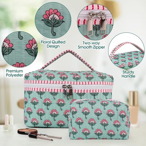 Pink Ice Green Floral Quilted Makeup Bag Set - Travel Cosmetic Bags for Women & Girls
