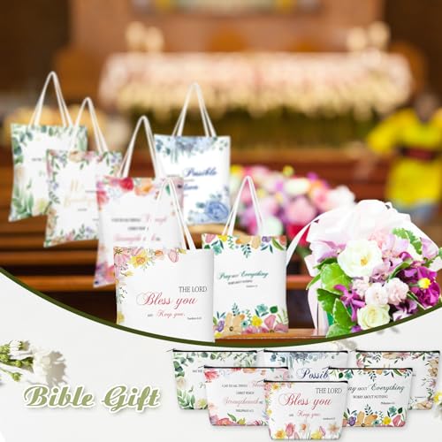 Aliceset 12 Pcs Christian Gift for Women Including 6 Bible Verse Tote Bags 6 Inspirational Makeup Bags with Zipper Religious Motivational Christian Gifts for Coworkers Church(White,Colorful)