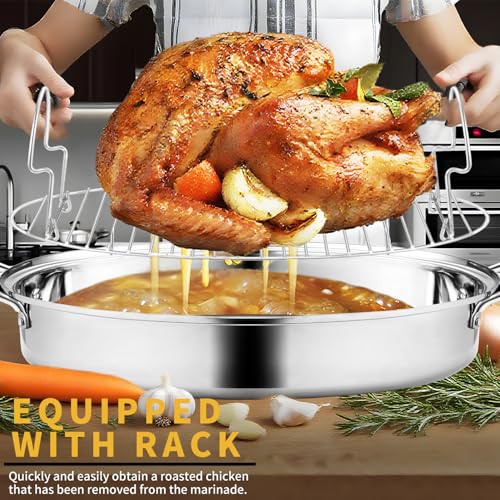 Large 22-Inch Stainless Steel Roasting Pan with Rack & Lid for Oven, Oval Turkey Roaster
