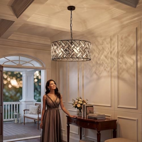 Black Drum Chandelier 16in Crystal Pendant Light for Dining & Kitchen - Criss Cross Variation