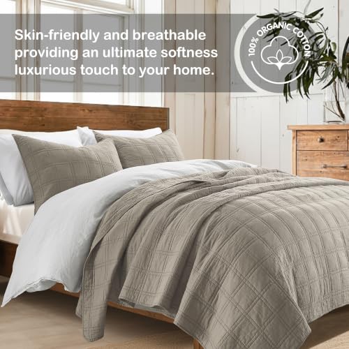 HORIMOTE HOME King Size 100% Cotton Quilt Set Taupe Geometric Pattern All Season Bedding
