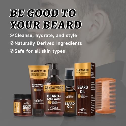 Sandalwood Beard Care Set | Nourish Follicles for Elastic Growth, Deeply Condition with Butter & Oil, Soothe Skin with Recovery Lotion & Gentle Wash