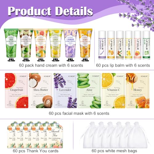 KONEUK 60 Pack Bulk Facial Mask, Lip Balm & Hand Cream Gift Sets for Parties & Weddings