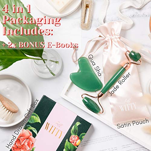 Green Jade Face Roller and Gua Sha Set - Skin Care Massage Tools with Hand-Drawn Gift Box