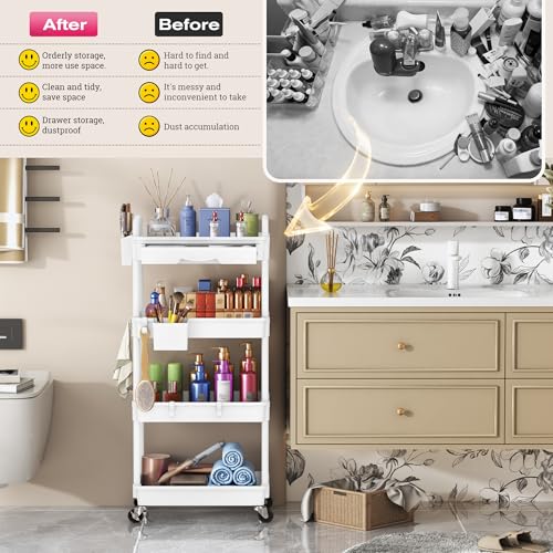4-Tier White Rolling Makeup Organizer Cart with Removable Drawer - Goovilla