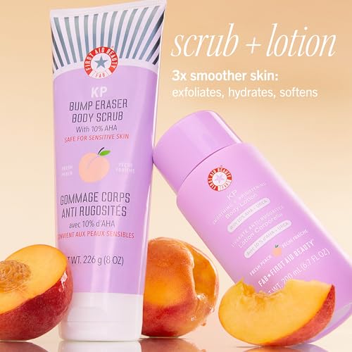 First Aid Beauty Peachy Smooth Duo: KP Bump Eraser Scrub & Smoothing + Brightening Lotion with 10% AHA, Daily Exfoliating Keratosis Pilaris Bundle to Reduce Bumps, Peach (8 oz Scrub, 6.7 oz Lotion)