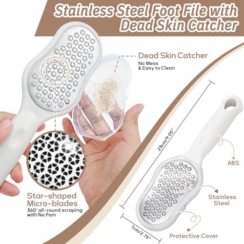 White Foot Scrubber Set with Foot File & Silicone Loofah - 3PCS Adjustable Handle, Gift Box - White Kit03