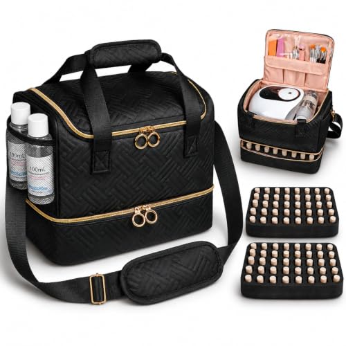 Nail Polish Organizer Bag Holds 80 Bottles with Lamp & Accessories - Black