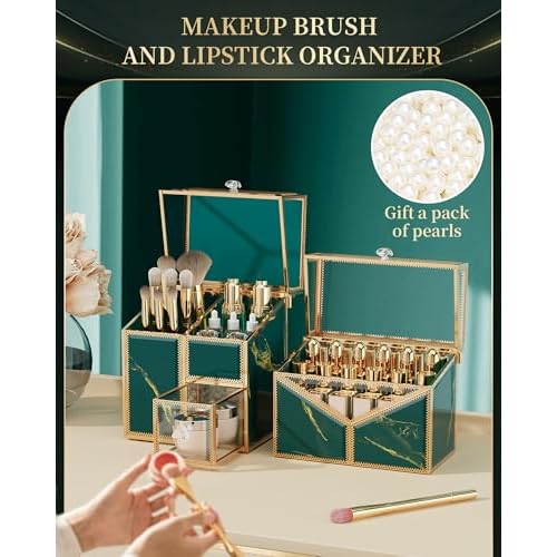 Makeup Organizer Countertop Set ? Vanity Holder with 18-Slot Lipstick Organizer & Covered Makeup Brush Holder ? Skincare, Perfume & Cosmetic Display for Bathroom or Dresser