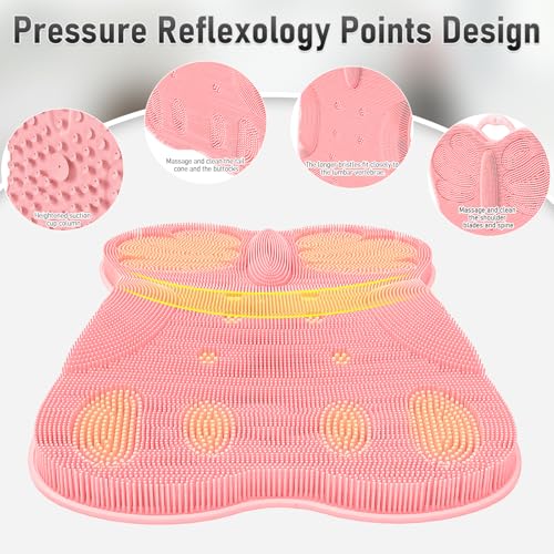 Back Scrubber for Shower Bath Wall Mounted Women XXL | Silicone Body Brush Scrub Mat with Curved 3D Back Support Power Suction Cups -Exfoliating Luxury Bathtub Cushion Pad Skin Care Home Spa Pink