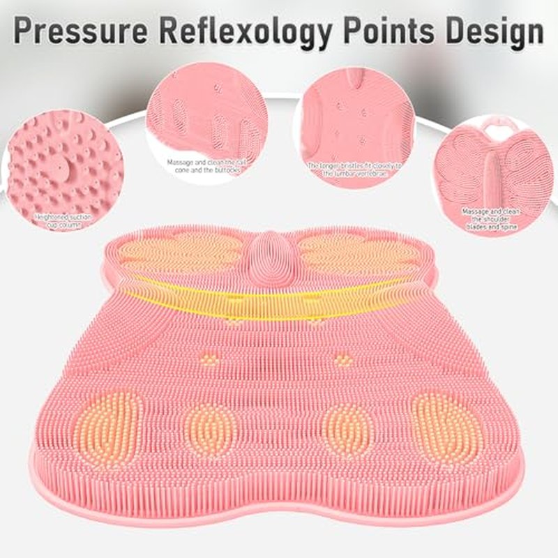 Back Scrubber for Shower Bath Wall Mounted Women XXL | Silicone Body Brush Scrub Mat with Curved 3D Back Support Power Suction Cups -Exfoliating Luxury Bathtub Cushion Pad Skin Care Home Spa Pink