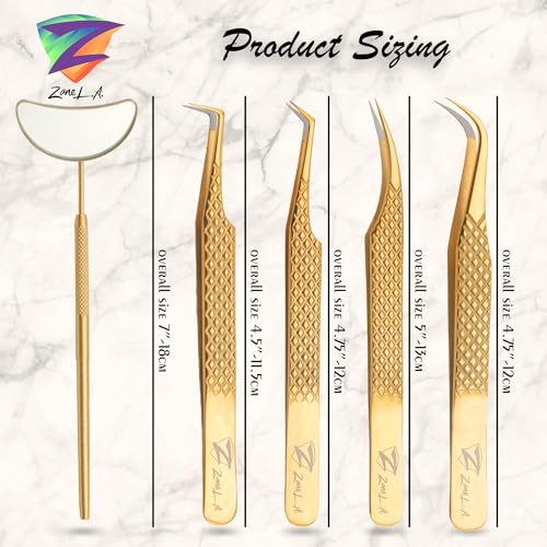 Zane L.A. Nano Fiber Tip Professional Eyelash Extension Tweezers, a pack of 4, Quality tweezers made with Japanese Stainless Steel, includes Stylish Half Moon Mirror. (Gold)